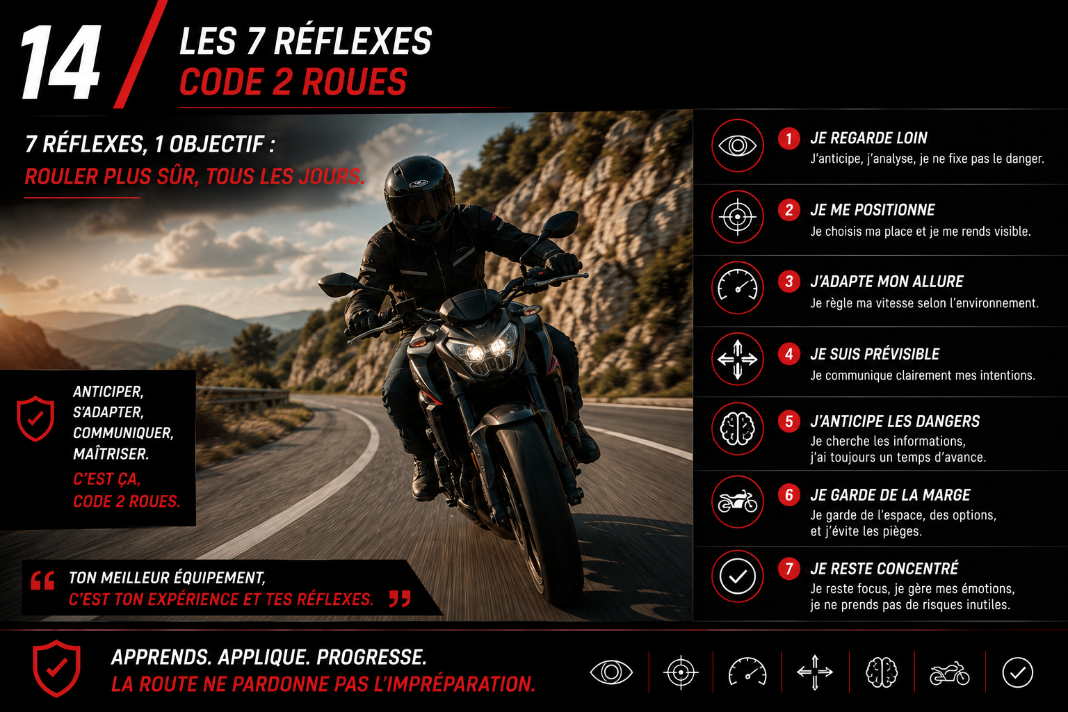 Les 7 réflexes Code 2 Roues : regarder, se positionner, adapter, anticiper, communiquer, garder de la marge, rester concentré
