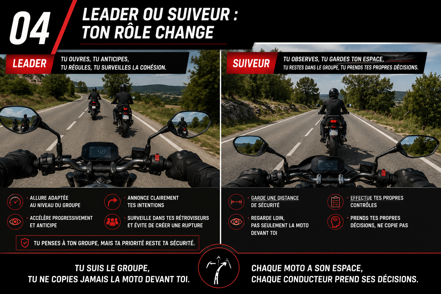 Rôle de leader ou suiveur en groupe moto — Code 2 Roues