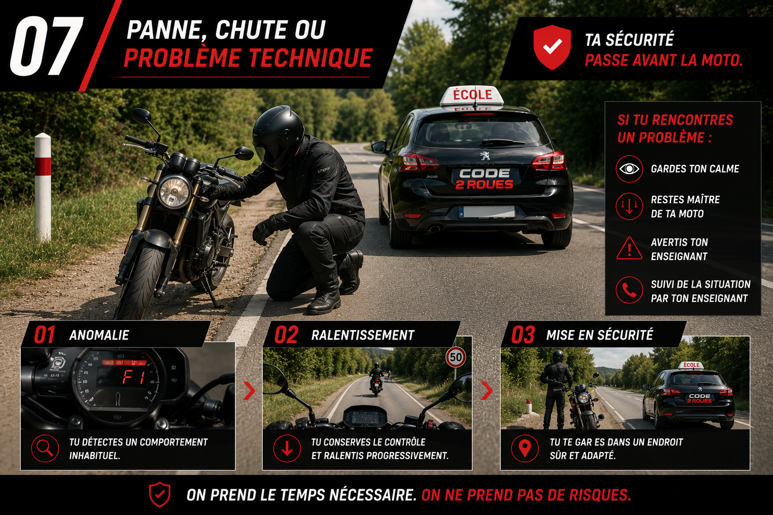 Panne, chute ou problème technique à moto — Code 2 Roues