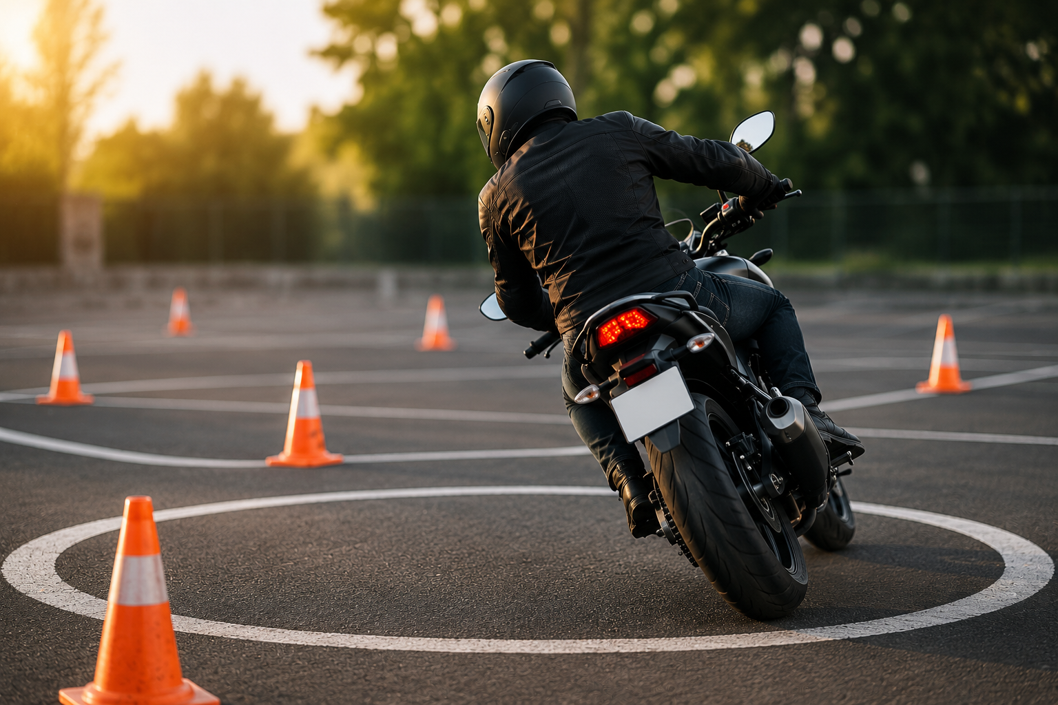 Motard vu de dos exécutant un demi-tour sur un cercle tracé au sol du plateau, cônes de balisage — lumière de fin de journée