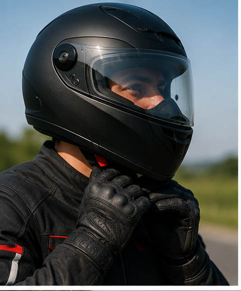 Motard en train d'attacher la mentonnière de son casque intégral homologué — geste sécurité essentiel avant tout départ