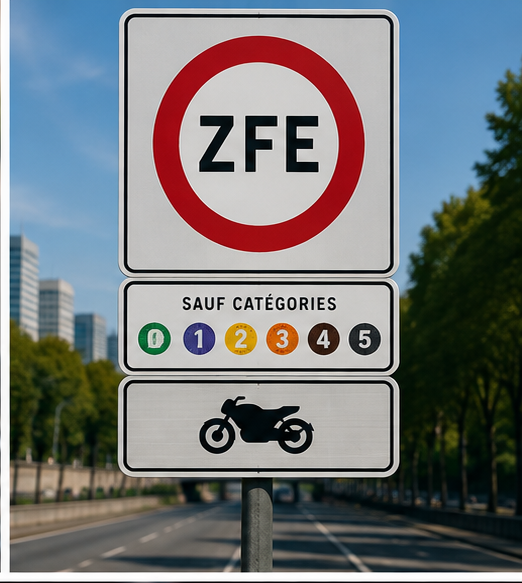 Panneau de signalisation ZFE (Zone à Faibles Émissions) avec grille des vignettes Crit'Air 0 à 5 et pictogramme moto — restrictions de circulation en ville