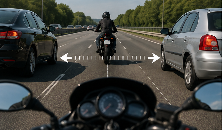 Vue POV motard sur autoroute encadré à gauche et à droite par deux voitures — flèches illustrant la distance latérale de sécurité à maintenir