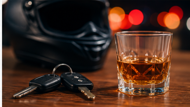 Casque de moto, clés et verre de whisky posés sur un comptoir en bois — mise en scène du dilemme alcool au guidon