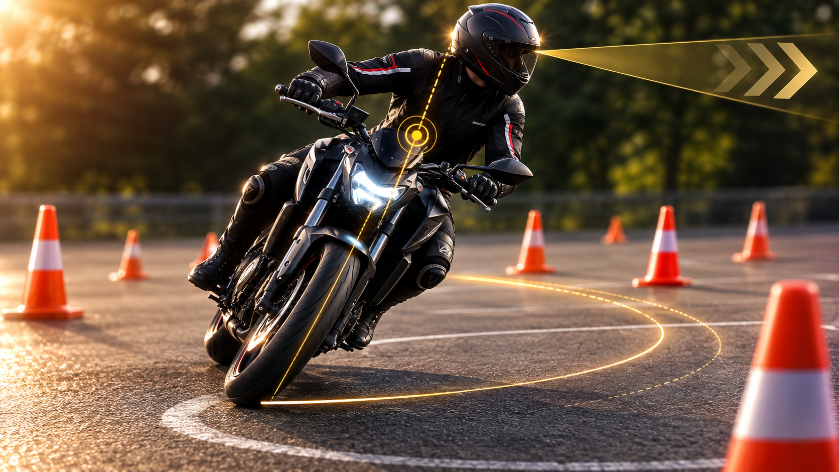 Motard en équilibre à basse vitesse sur un cercle plateau — trajectoire du regard visualisée, cônes de balisage, lumière chaude de fin de journée