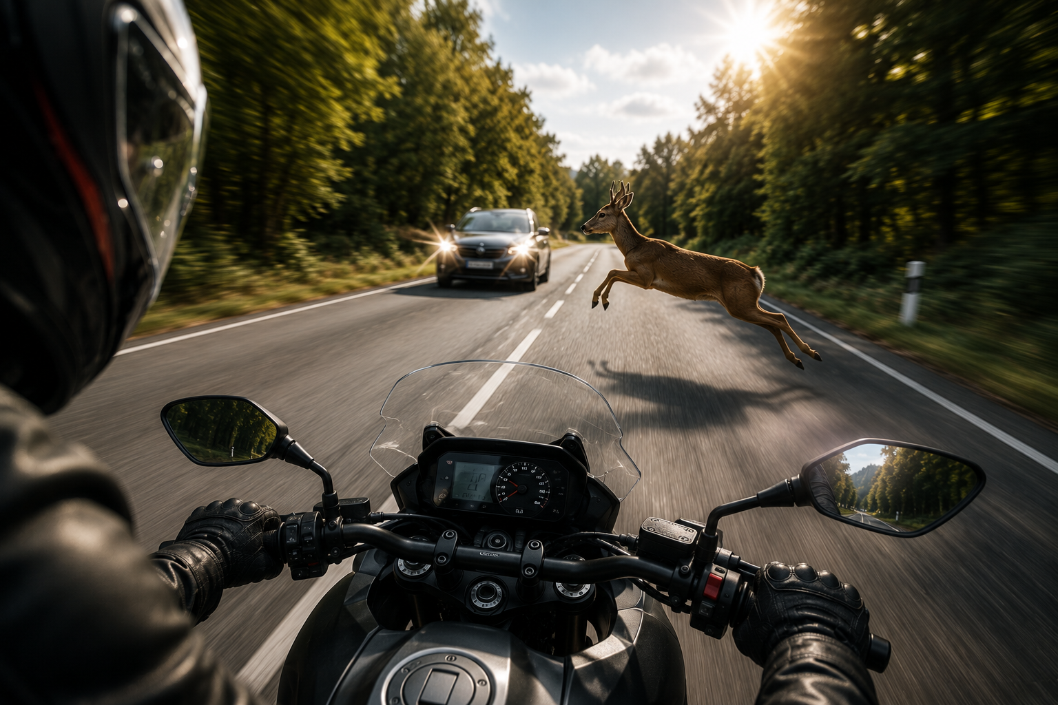 Vue POV motard face à un chevreuil traversant la route soudainement, voiture arrivant en face — situation typique de freinage d'urgence