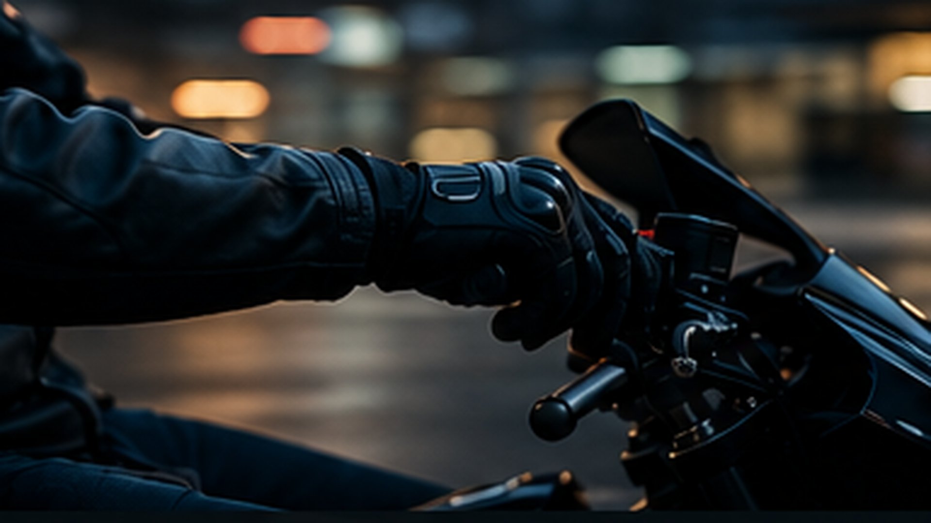 Main gantée d'un livreur sur la poignée d'accélération d'un scooter, ambiance urbaine nocturne — symbole du quotidien à risque des livreurs deux-roues