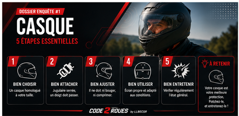 Poster CODE 2 ROUES — Dossier Enquête #1 : Casque, 5 étapes essentielles (bien choisir, bien attacher, bien ajuster, bien utiliser, bien entretenir)