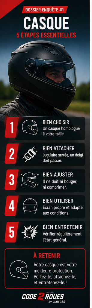 Poster vertical CODE 2 ROUES — Dossier Enquête #1 : Casque, les 5 étapes essentielles (bien choisir, attacher, ajuster, utiliser, entretenir)